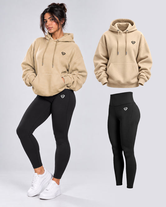 Ensemble Sport Femme Beige – Hoodie Oversize & Legging Taille Haute (Livraison Gratuite)