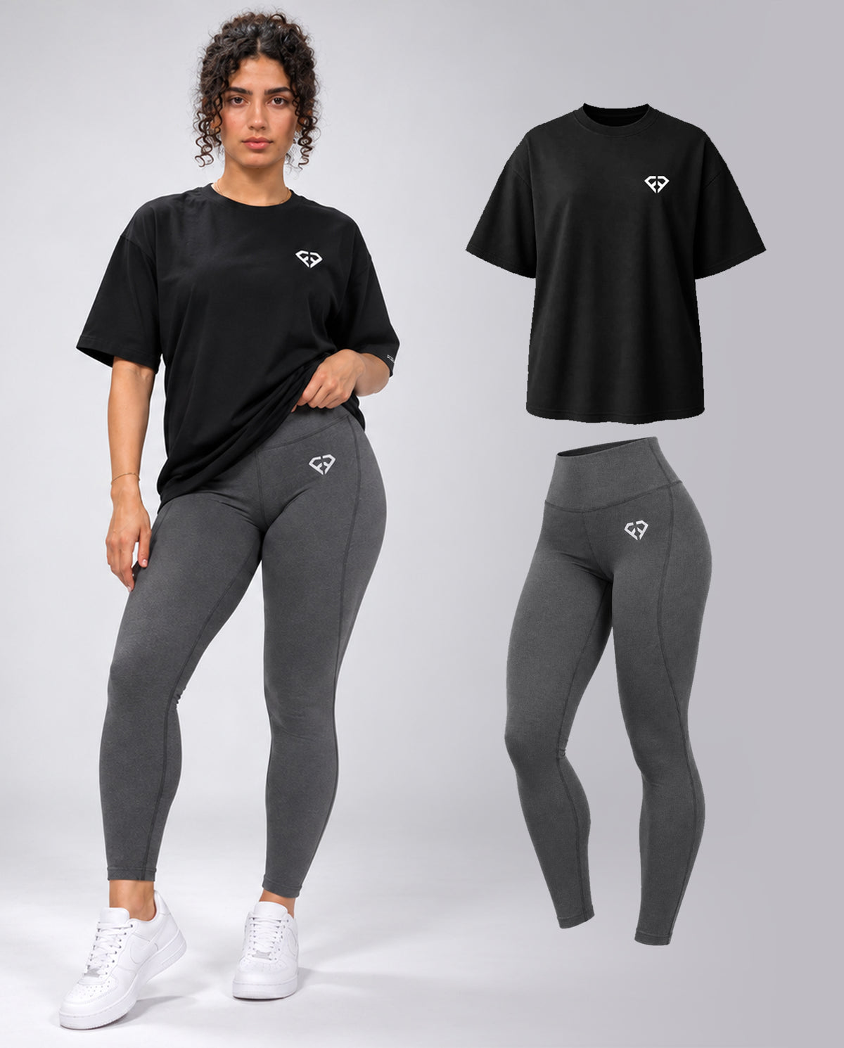 Ensemble Fitness Femme – T-shirt Oversize Noir & Legging Gris Premium (Livraison Gratuite)