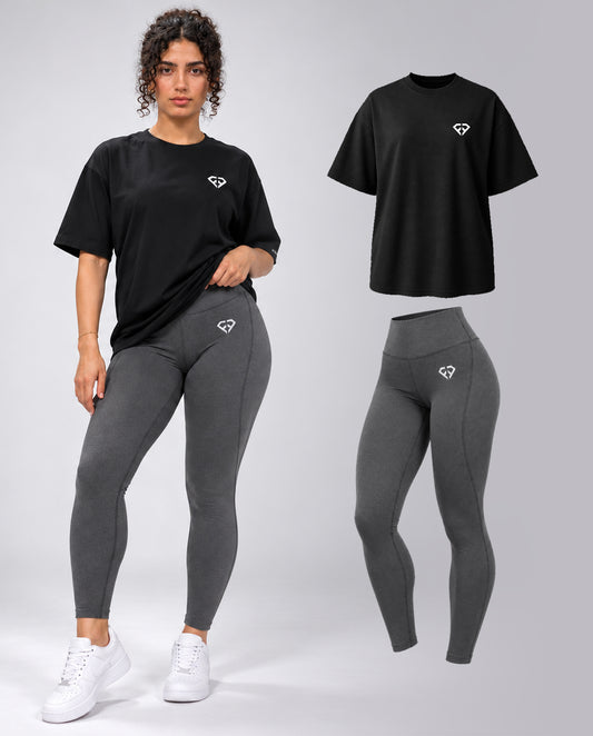 Ensemble Fitness Femme – T-shirt Oversize Noir & Legging Gris Premium (Livraison Gratuite)